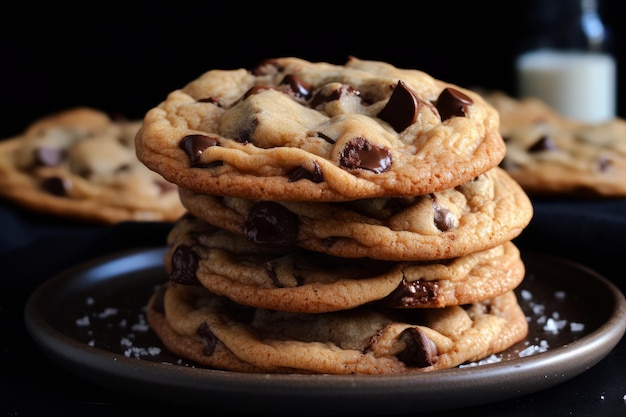 A stack of chocolate chip cookies on a plate