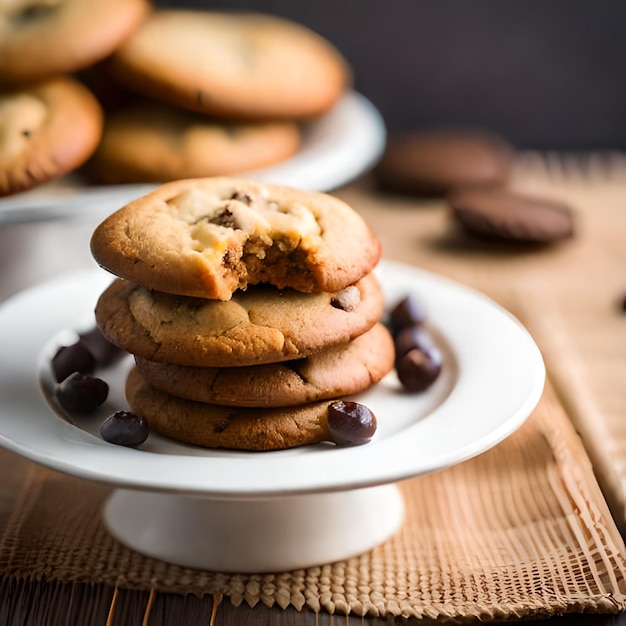 A stack of chocolate chip cookies on a white plate