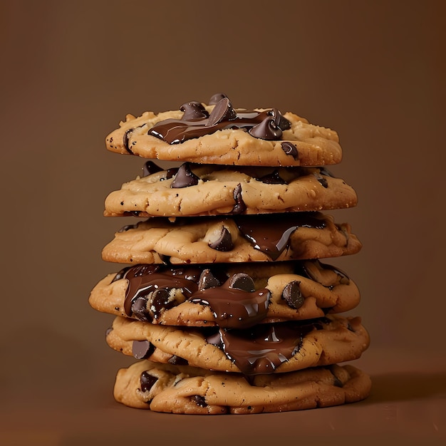 a stack of chocolate chip cookies with chocolate chips on top