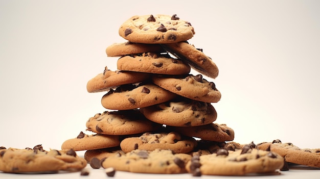 a stack of chocolate chip cookies with chocolate chips on top