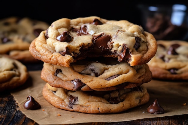 A stack of chocolate chip cookies with one missing a bite