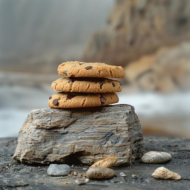 Photo a stack of chocolate cookies on rock food photography