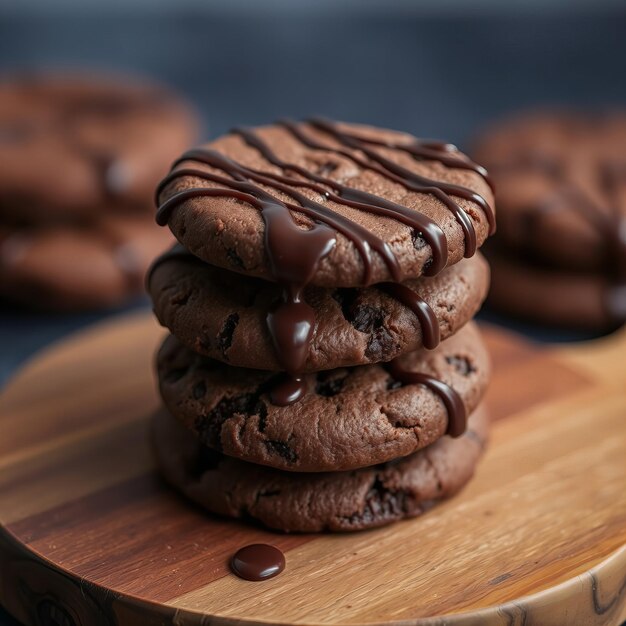 a stack of chocolate cookies with chocolate on the top