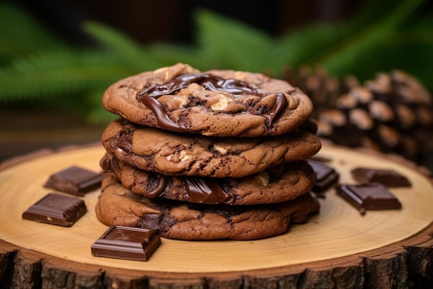 a stack of chocolate cookies with chocolate on the top