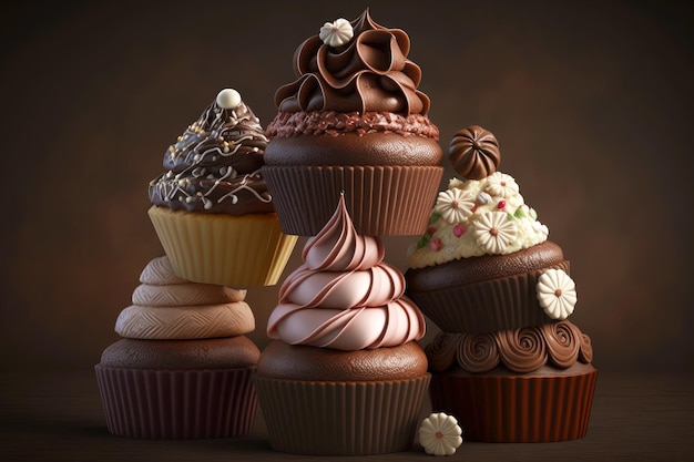 A stack of chocolate cupcakes each one adorned with a different type of frosting and garnish created