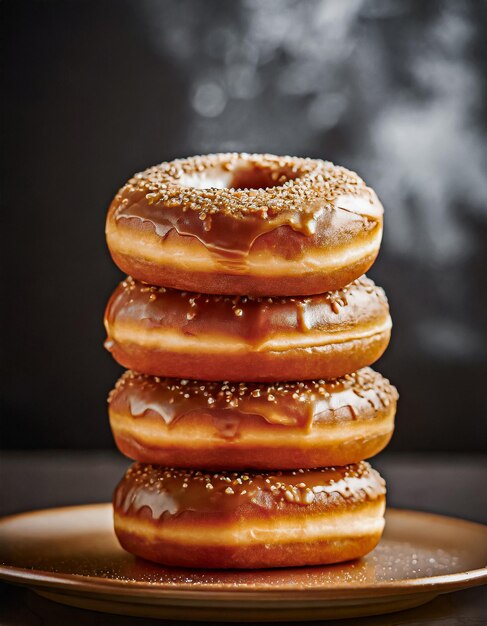 Stack of chocolate donuts with icing on back background