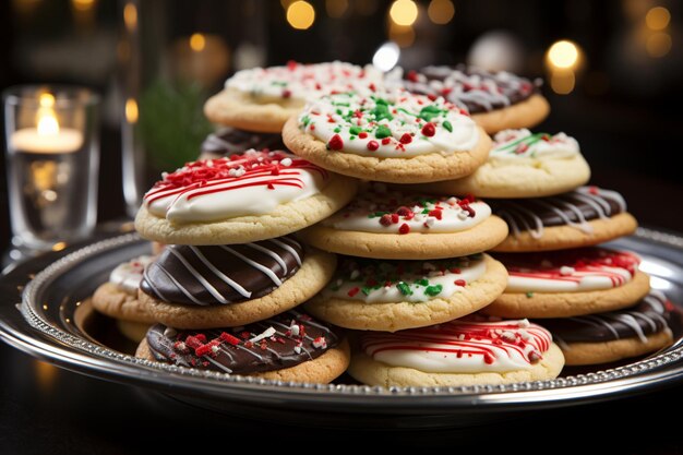 a stack of christmas cookies with a christmas theme on the top