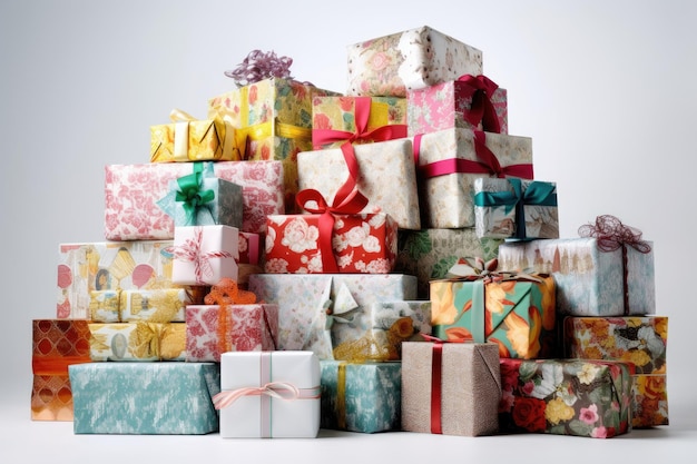 A stack of christmas presents with wrapping paper