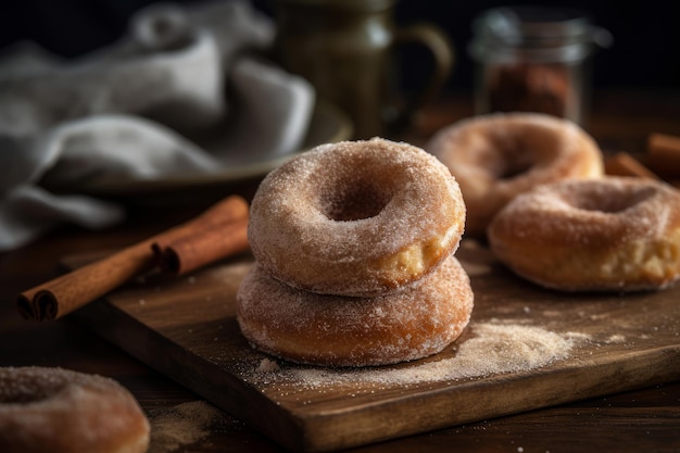 A stack of cinnamon donuts with cinnamon on top