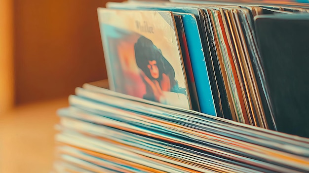 Photo a stack of classic vinyl records with iconic album covers peeking out