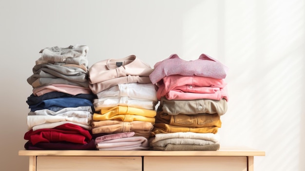 Stack of clean freshly laundered neatly folded women's clothes on wooden table Pile of shirts dresses and sweaters on the table white wall background