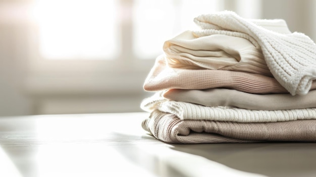 A stack of clothes on a table indoors closeup Fresh folded cotton clothes Copy space