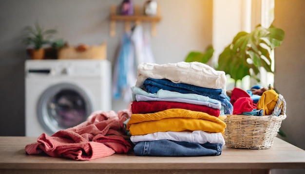 stack of clothes on table symbolizing laundry chores household organization and decluttering