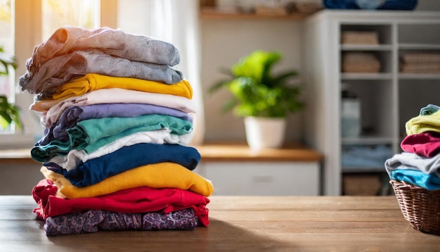 stack of clothes on table symbolizing laundry chores household organization and decluttering