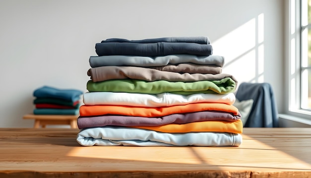 Stack of clothes on wooden table indoors space for text isolated with white highlights