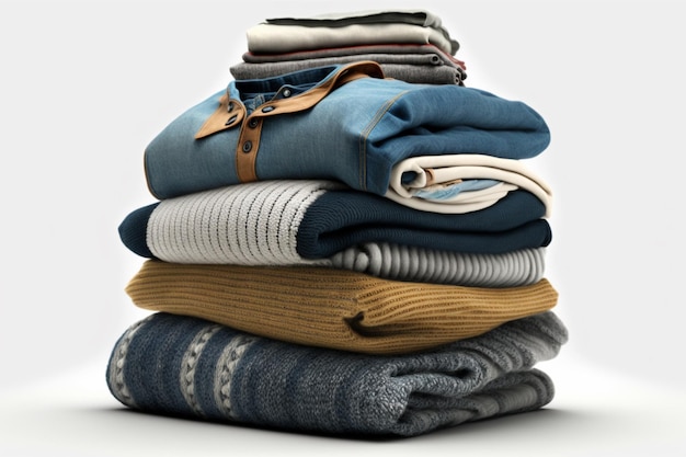 Stack of clothing jeans sweaters on a white background isolation