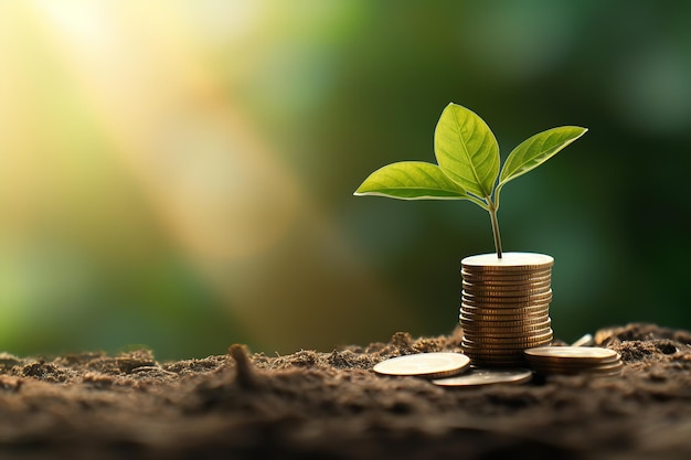 a stack of coin with young plant in the corner side on the top under sunlight growing finance conce