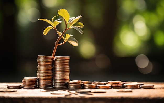 Stack of coins in a bar graph style with grown tree