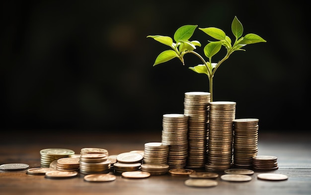 Stack of coins in a bar graph style with grown tree