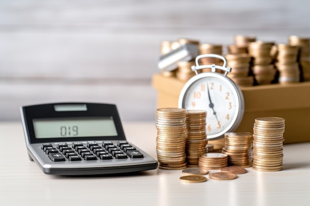 A Stack of Coins Next to a Calculator and Clock