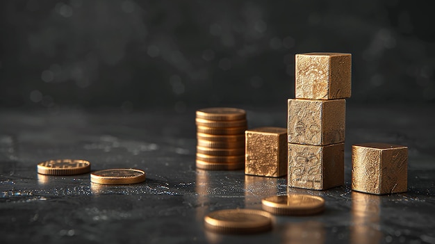 Photo stack of coins and gold cubes short to tall