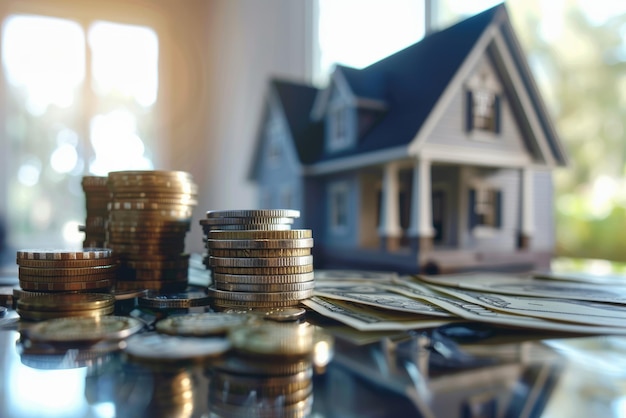 Stack of Coins and House Model Representing Financial Growth