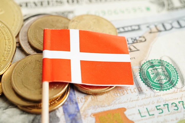 Stack of coins money with Denmark flag finance banking concept