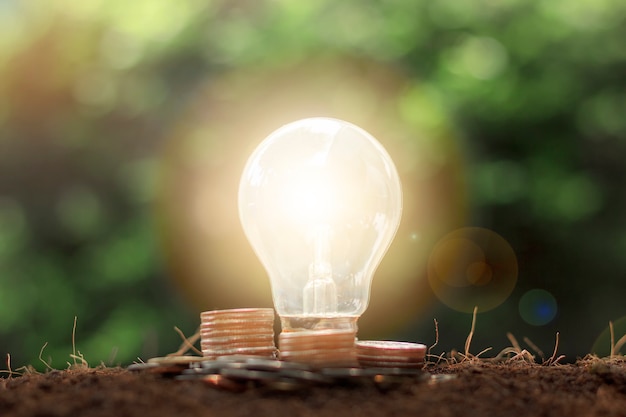 Stack of coins and money with light bulb energy saving concept.  Saving, accounting and financial concept.