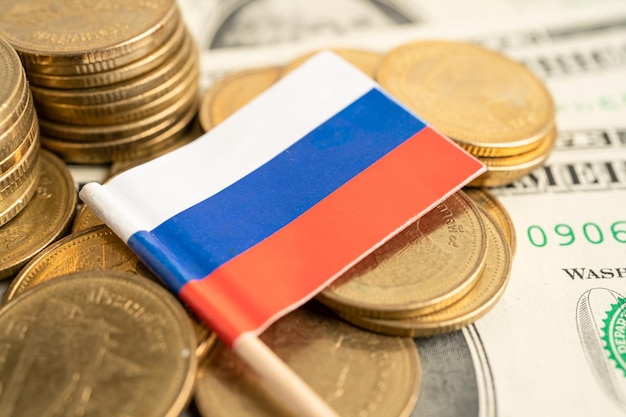 Stack of coins money with Russia flag finance banking concept