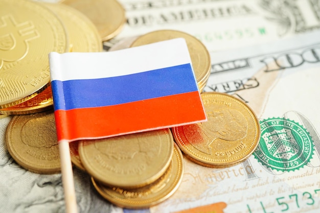 Stack of coins money with Russia flag finance banking concept