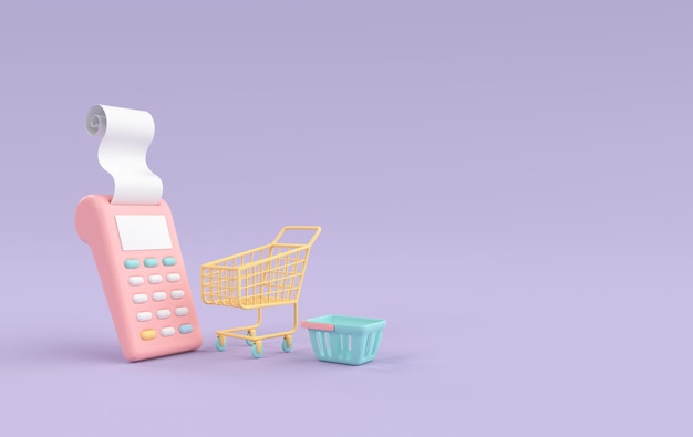 Stack of coins POS terminal with receipt shopping cart and basket 3d rendering