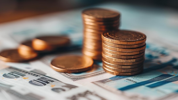 A stack of coins sitting on top of a pile of money next to a pile of coins on top of a pile of money