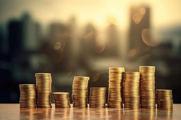 A stack of coins on a table with a city in the background