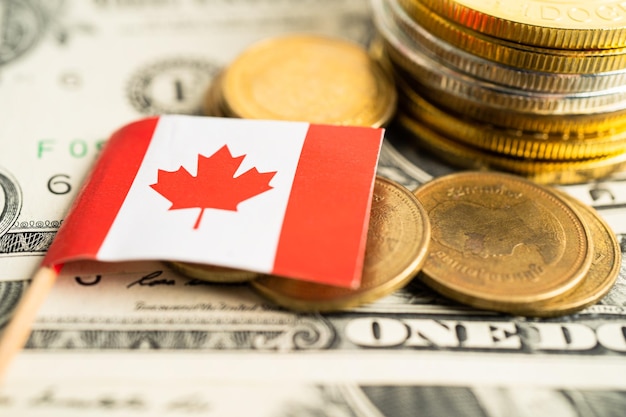 Stack of coins with Canada flag and US dollar banknotes