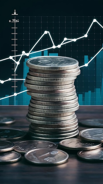 Stack of coins with a graph showing economic statistics