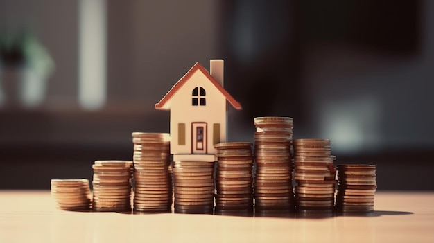 A stack of coins with a house on top of it