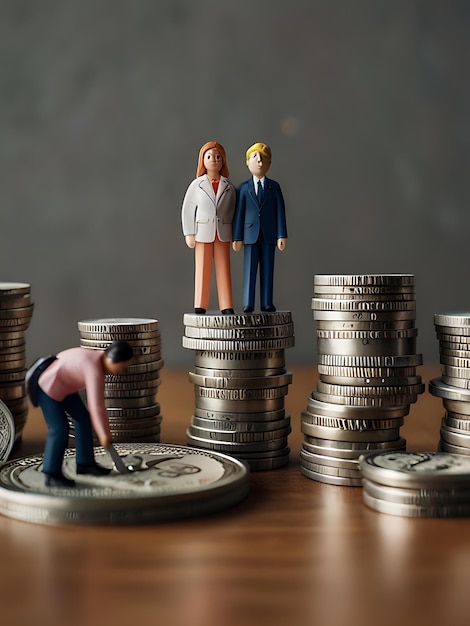 a stack of coins with a man and a woman standing next to them