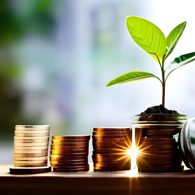 A stack of coins with a plant in the middle and a light shining on the top.