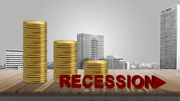 Stack of coins with recession sign