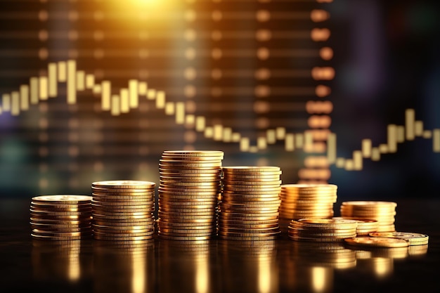 Stack of coins with trading graph on black background