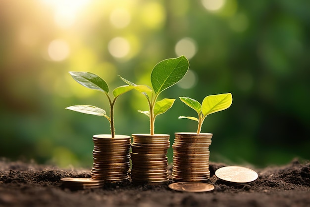 stack of coins with young plant on the top under sunlight