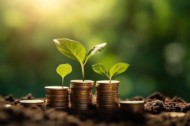 stack of coins with young plant on the top under sunlight