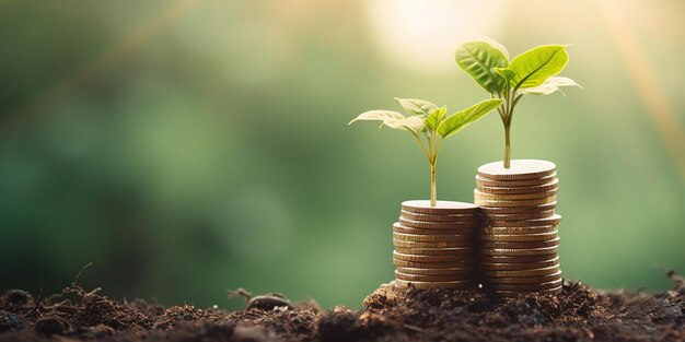 stack of coins with young plant on the top under sunlight