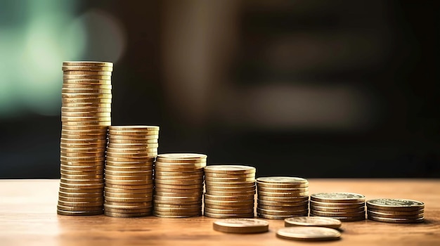 Stack of coins on wooden table and blur background with bokeh image Generative AI illustrations