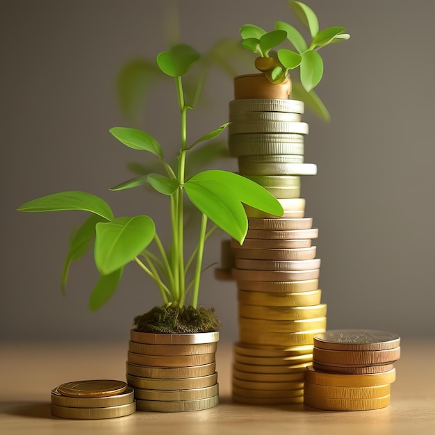 stack coins on wooden table with money