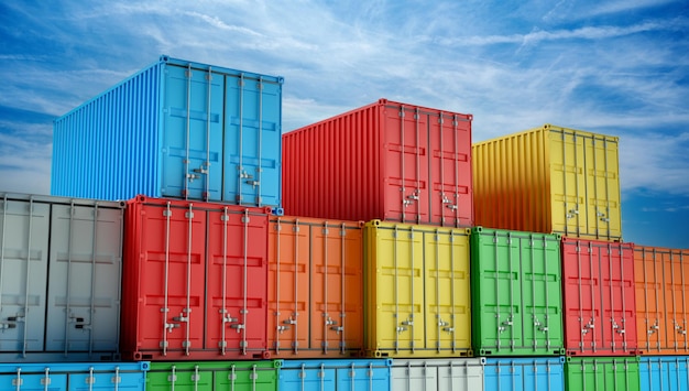 Stack of colored container boxes cargo for import and export