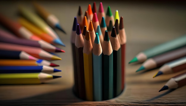 A stack of colored pencils with one being a pencil