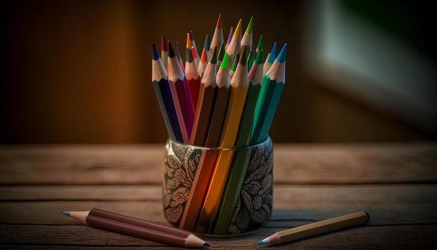 A stack of colored pencils with one being a pencil