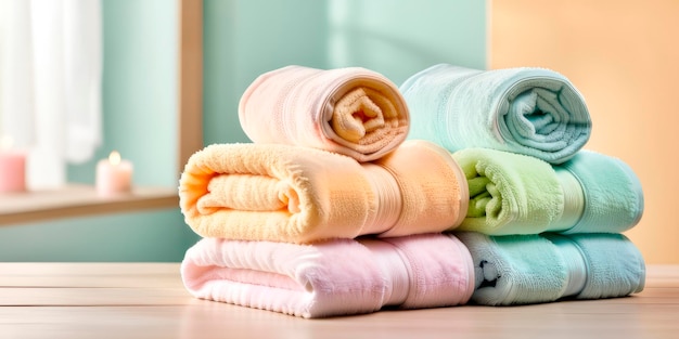 a stack of colored towels against a plain wall in the spa mockup