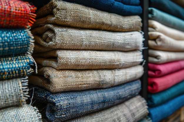 A stack of colorful blankets with a blue one on the bottom